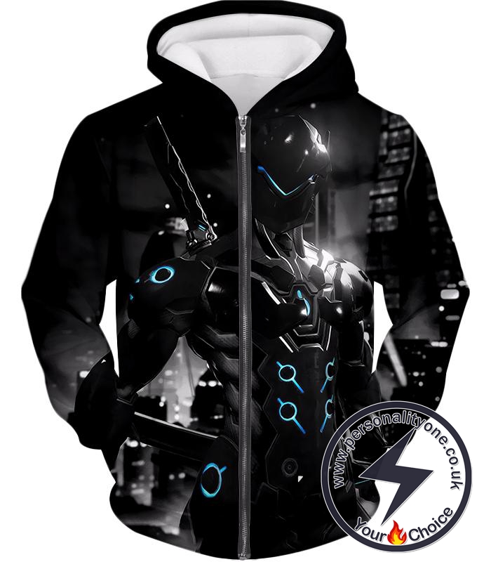 Overwatch Awesome Overwatch Agent Cyborg Genji Black Action Zip Up Hoodie